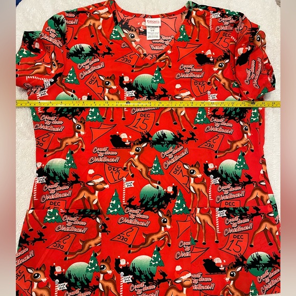 Red Christmas Reindeer Scrub Top - Picture 1 of 2